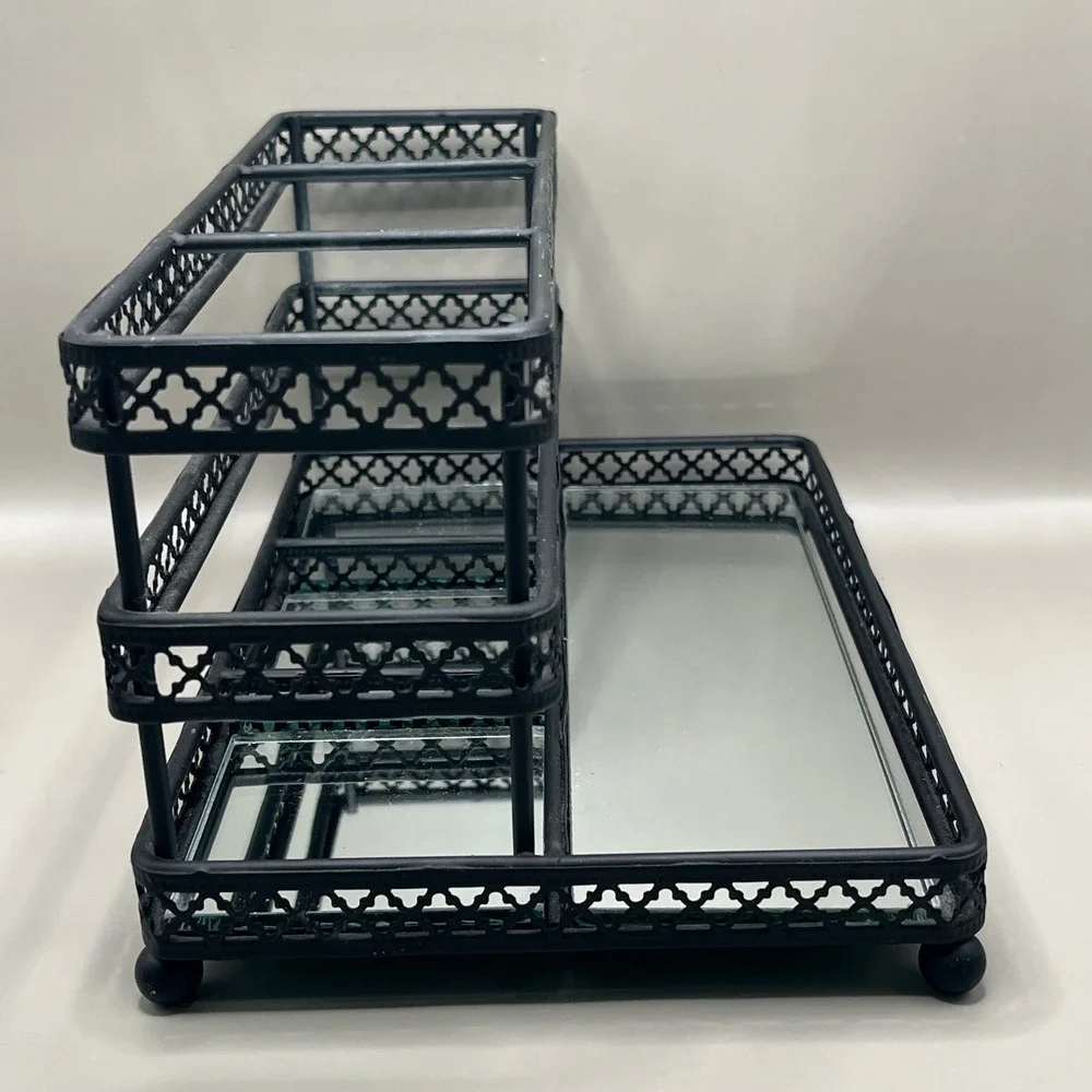 Black Metal 3 Tier Mirrored Vanity Organizer Makeup Jewelry Fretwork 9